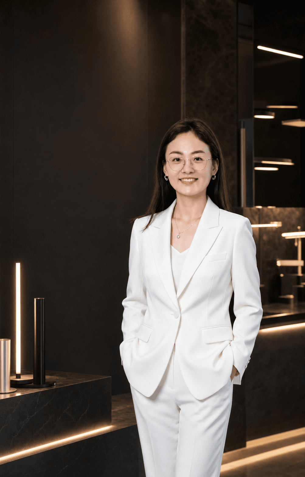 Nancy, Sanluo project consultant, in a premium lighting showroom
