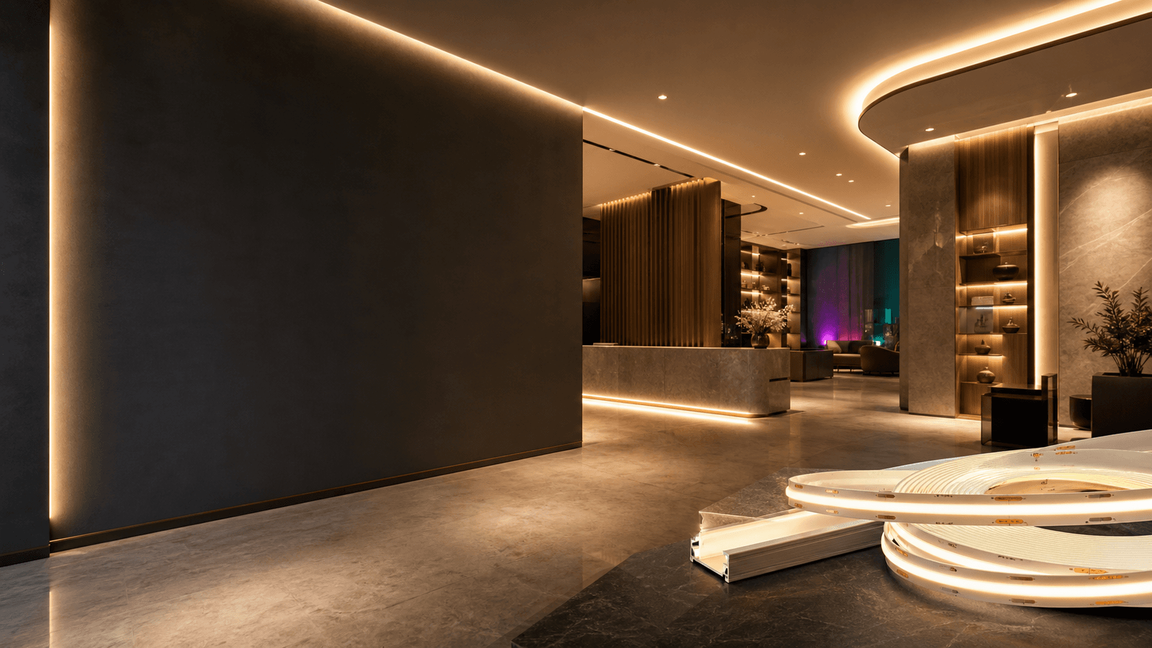 Warm-white LED strip lighting in a premium interior